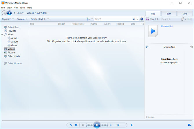 Интерфейс Windows Media Player 12