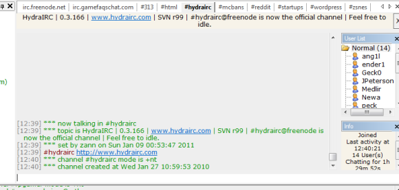 HydraIRC GUI программное обеспечение чата irc