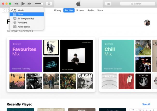 iTunes, показывающий музыку, ТВ и подкасты с Apple Music