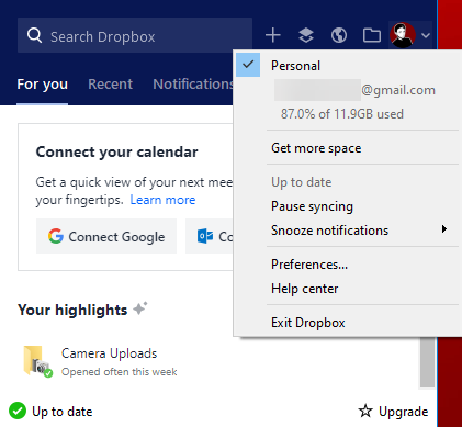 Dropbox Меню Windows