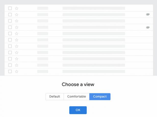 Снимок экрана с показами плотности отображения в Gmail