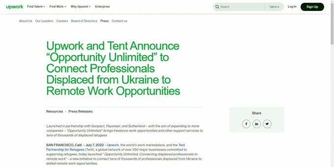 Изображение пресс-релиза Upwork, объявляющего об инициативе