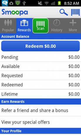 Платите, чтобы делать покупки умнее с Smoopa [Android 1.6+ и iOS] Баланс вознаграждений Smoopa