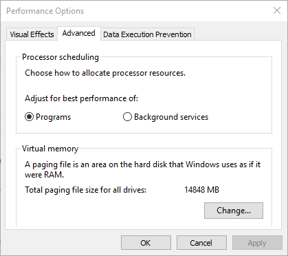 Дополнительные параметры производительности Windows