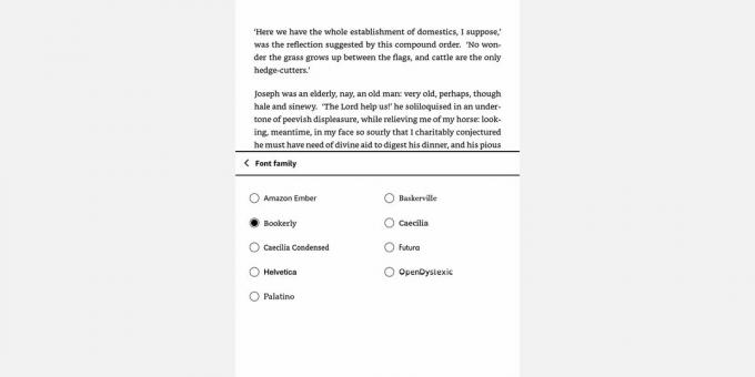 Снимок экрана: меню семейства шрифтов Amazon Kindle