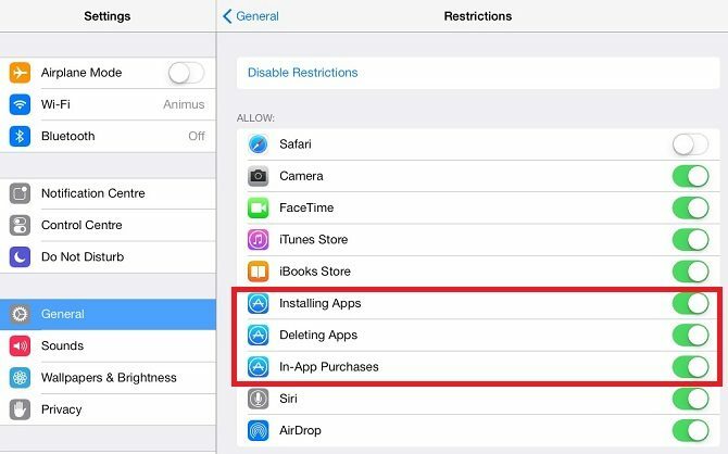Выделено меню ограничений IOS