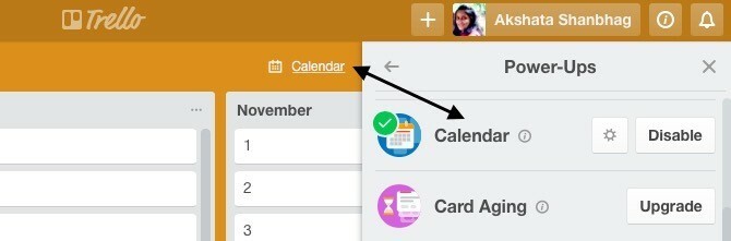 Включение календаря Trello