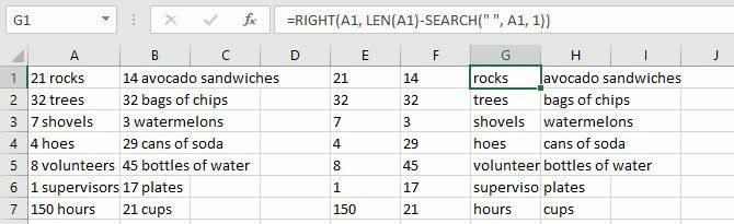 Отдельные числа и текст в Excel с функциями LEFT и SEARCH