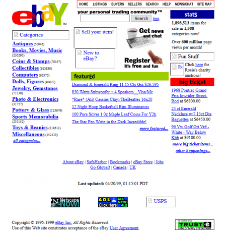 Скриншот eBay в 1999 году