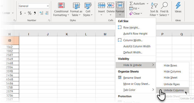 Показать столбцы с ленты в Excel