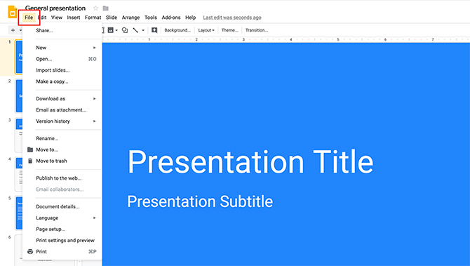 Как создать презентацию в меню Google Slides File