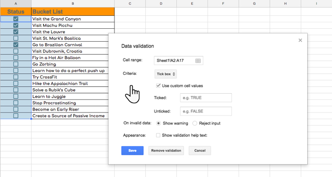 Проверка флажка в Google Sheets с пользовательскими значениями