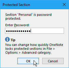Диалоговое окно защищенного раздела в OneNote 2016