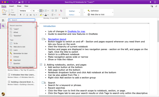 поиск заметок в OneNote Mac