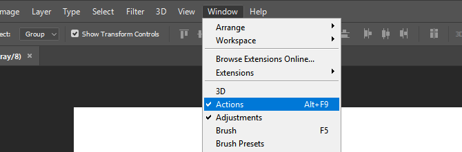 Опции меню Photoshop Actions