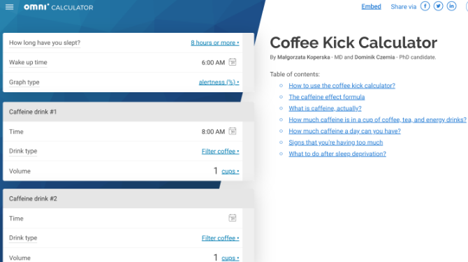 Coffee Kick от Omnicalculator сообщит вам, когда вы будете наиболее внимательны в зависимости от потребления кофе и графика сна