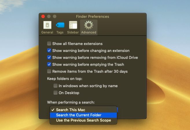 Настройка пользовательских параметров поиска в macOS Finder