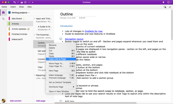 скопировать ссылку на страницу OneNote