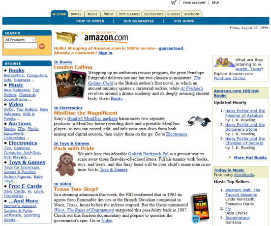Скриншот сайта Amazon в 1999 году