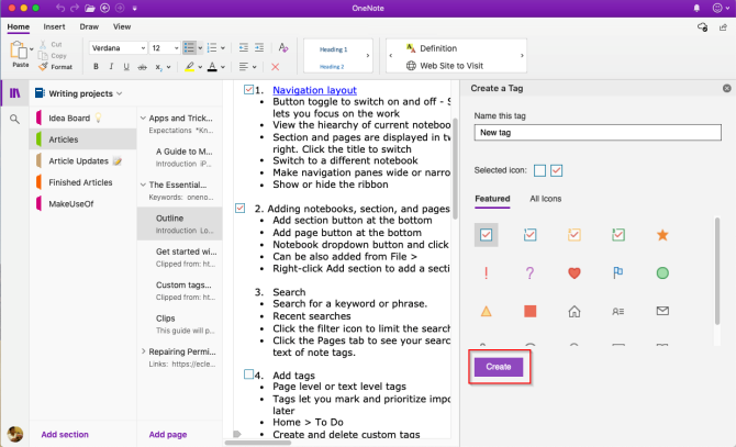 создать собственный тег в OneNote