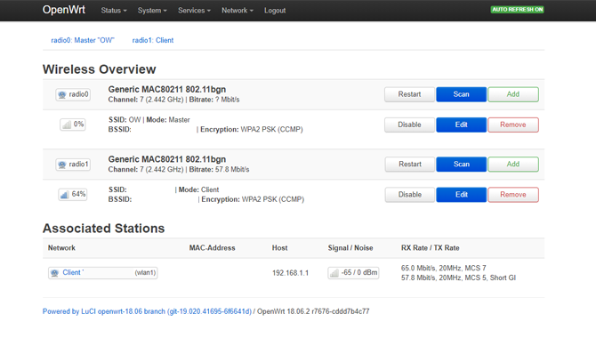 OpenWRT LuCI Dashboard Беспроводное меню