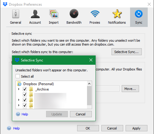 Dropbox Выборочная синхронизация