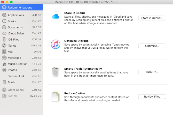 Рекомендации macOS для освобождения хранилища