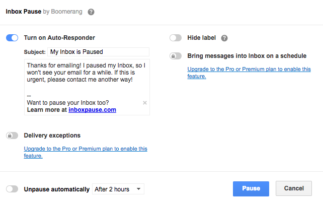 Сделайте Gmail менее отвлекающим, приостанавливая входящие электронные письма на время паузы Бумеранг 2