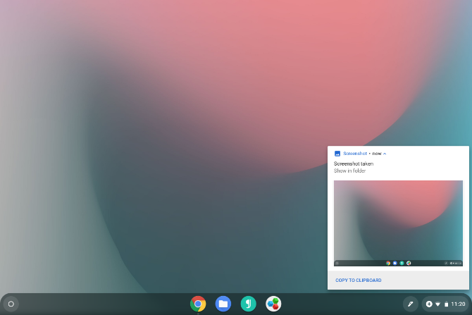 Chrome OS отображает уведомление после скриншота