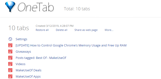 Расширение Chrome Tab One Tab