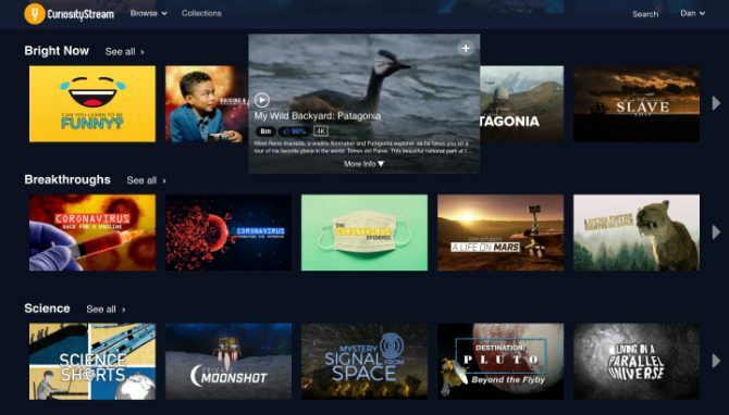 Главный экран CuriosityStream, показывающий выбор шоу для просмотра