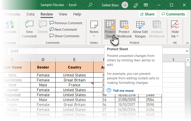 Нажмите Защитить лист в Excel