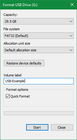 Форматирование USB-накопителя Windows 10