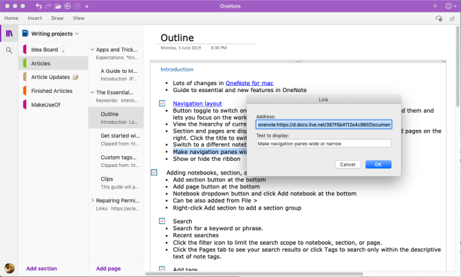 вставьте ссылку на страницу OneNote