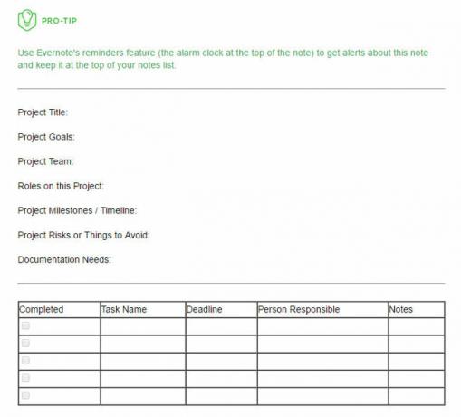 Шаблон плана проекта Evernote