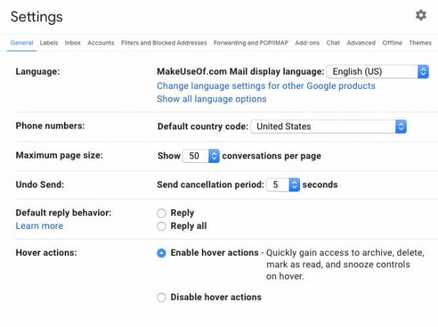 Снимок экрана с параметрами настройки Gmail