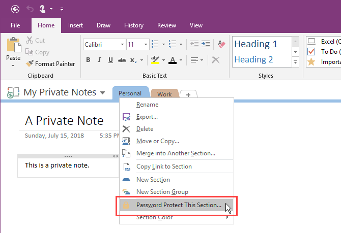 Выберите Защитить паролем этот раздел в OneNote 2016