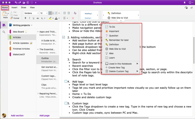 добавить тег в OneNote из галереи тегов