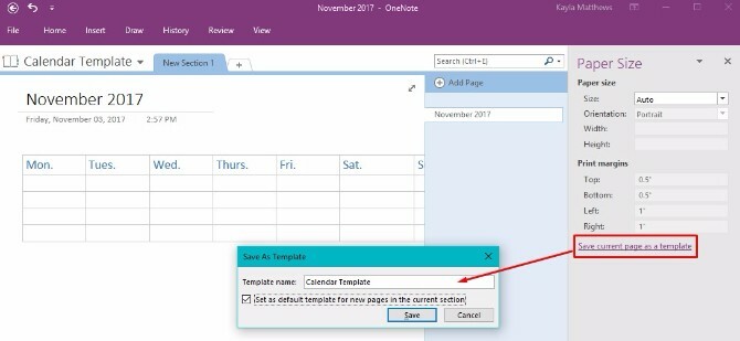 создать шаблон календаря onenote