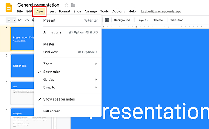 Как создать презентацию Google Slides View Menu