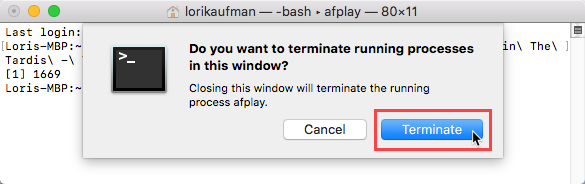 Нажмите «Завершить» для процесса в окне терминала на Mac