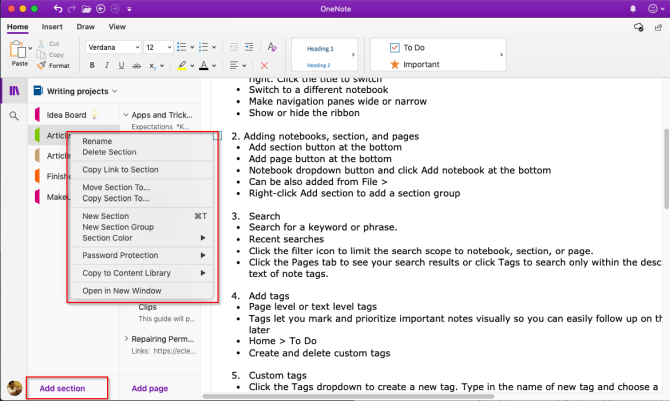 добавить раздел в OneNote Mac