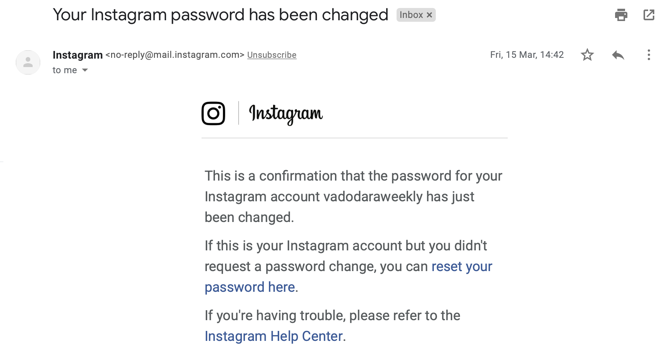 Пароль в Instagram изменен